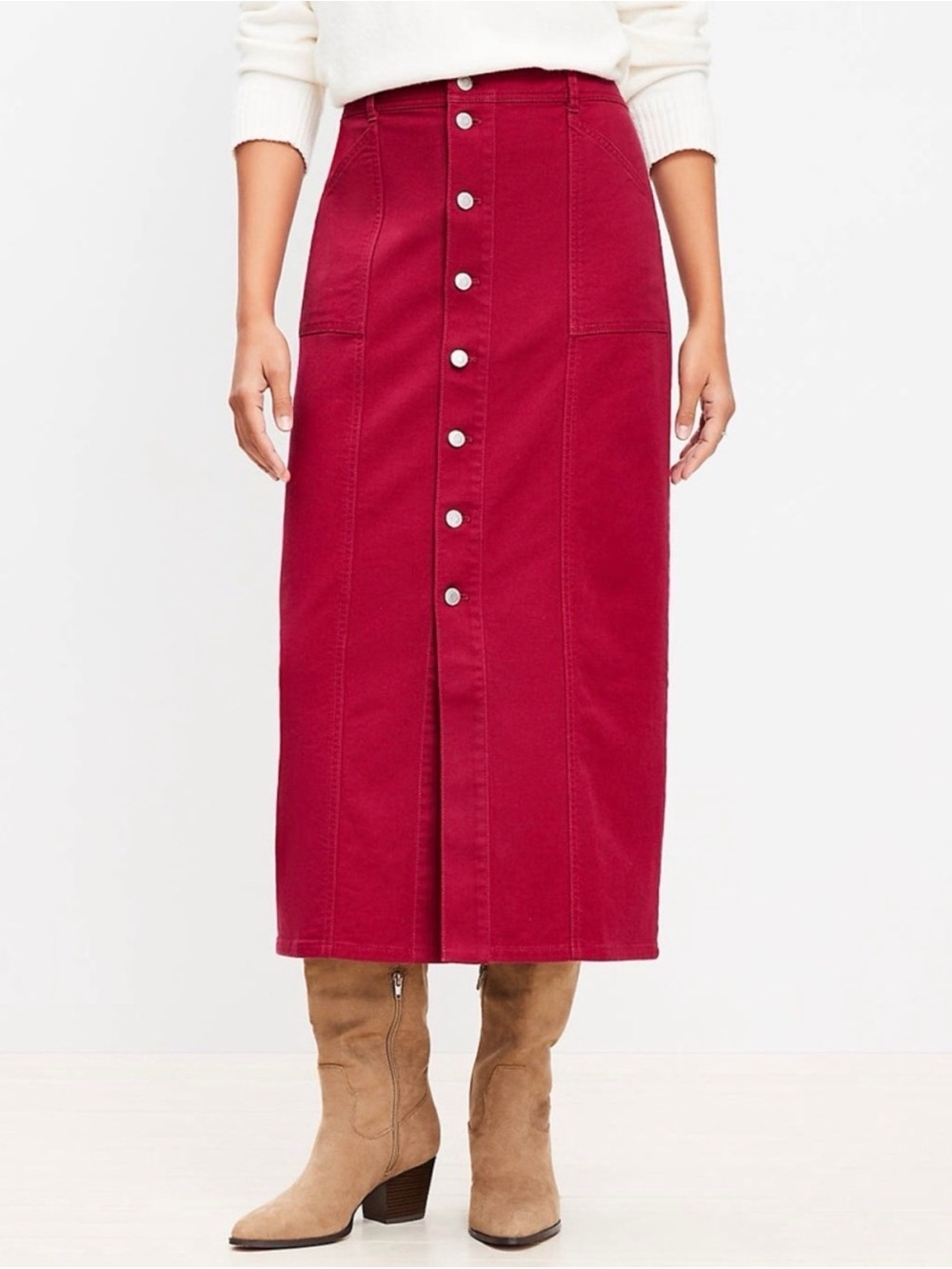LOFT Button-Front Midi Skirt